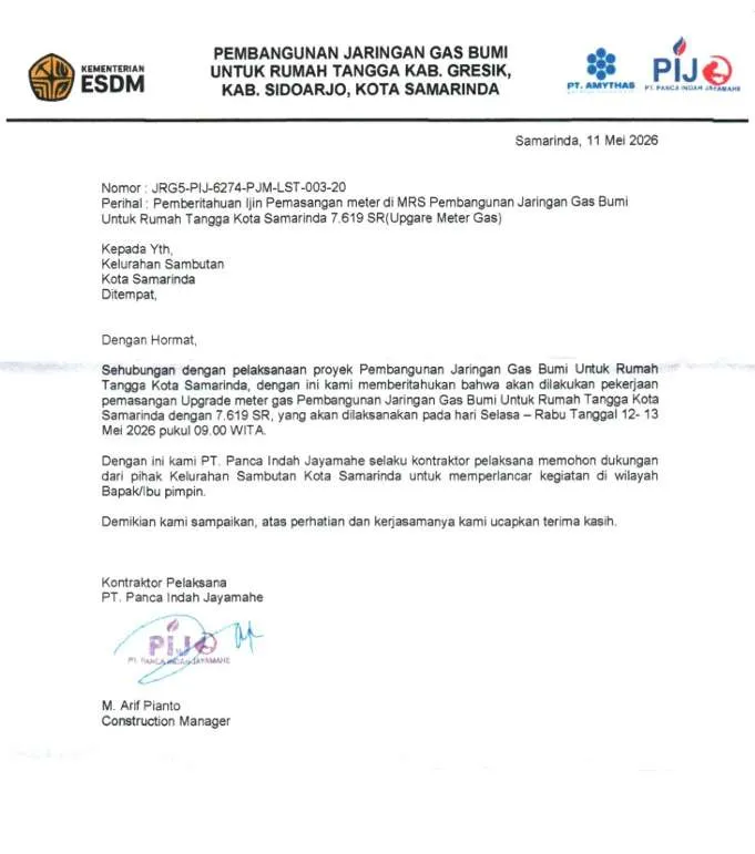 Pemberitahuan Pekerjaan Pemasangan Upgrade Meter Gas Bumi di Kelurahan Sambutan