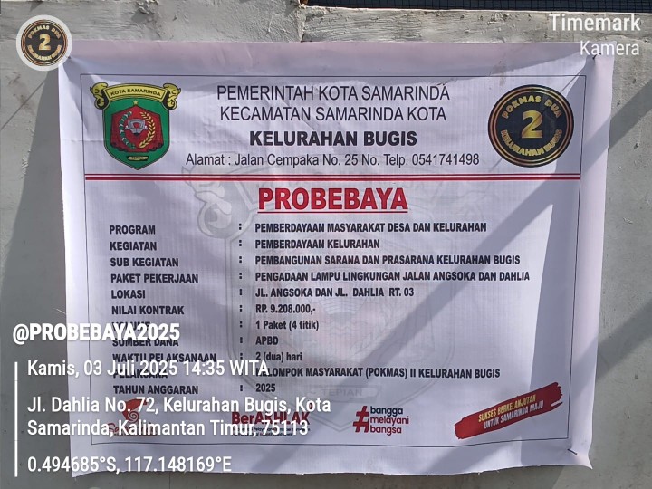 Pemasangan Lampu Jalan di RT 03 Kelurahan Bugis melalui Program Probebaya