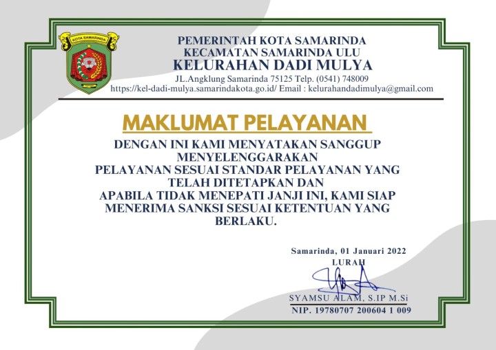 MAKLUMAT PELAYANAN KANTOR KELURAHAN DADI MULYA TAHUN 2024