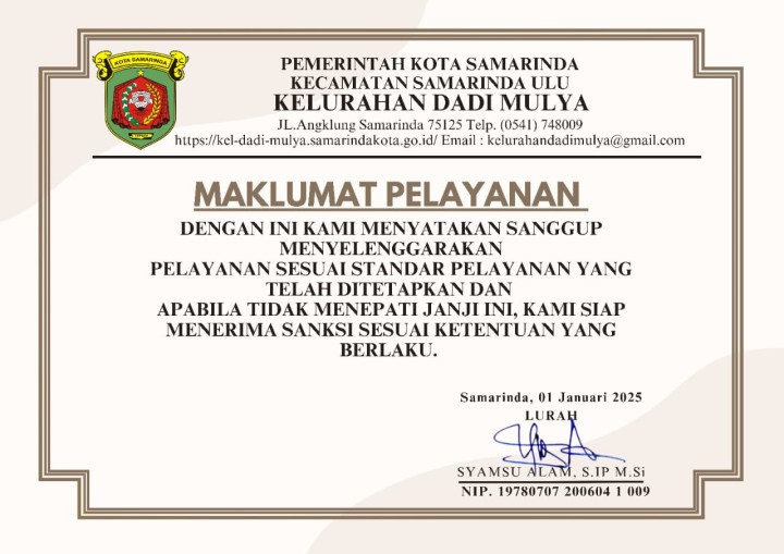 Maklumat Pelayanan Kelurahan Dadi Mulya Tahun 2025