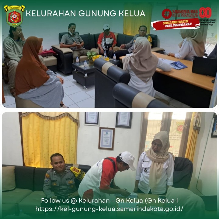 Agenda Kegiatan Kelurahan Gunung Kelua Rabu, 15 Oktober 2025 1. Rakor Penguatan Pemantauan & Evaluasi kinerja Penyelenggaraan Pelayanan Publik (PEKPPP) Se- Kecamatan Samarinda Ulu 2. Menerima Petugas Sensus Pajak ( Survei Pemetaan di wilayah Kelurahan Gunung Kelua ) Tahun 2025 3. Mediasi Penyelesaian Permasalahan Warga RT. 32 4. Rapat Koordinasi Masalah PKL di Wilayah Kelurahan Gunung Kelua
