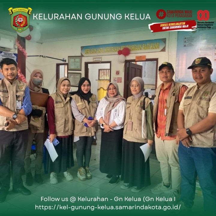 Agenda Kegiatan Kelurahan Gunung Kelua Rabu, 15 Oktober 2025 1. Rakor Penguatan Pemantauan & Evaluasi kinerja Penyelenggaraan Pelayanan Publik (PEKPPP) Se- Kecamatan Samarinda Ulu 2. Menerima Petugas Sensus Pajak ( Survei Pemetaan di wilayah Kelurahan Gunung Kelua ) Tahun 2025 3. Mediasi Penyelesaian Permasalahan Warga RT. 32 4. Rapat Koordinasi Masalah PKL di Wilayah Kelurahan Gunung Kelua