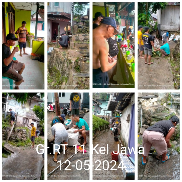 Ijin melaporkan 9/05/2024 s/d 11/05/2024 Kegiatan gotong royong Kelurahan Jawa : 02, 03√, 08√, 09√, 10√, 11√, 12√, 13√, 14√, 15√, 17√, 19√, 20√, 21√,23√, 24√, 25√, 29√,33√, 38√, dan 39√ Kelurahan Jawa Kecamatan Samarinda Ulu