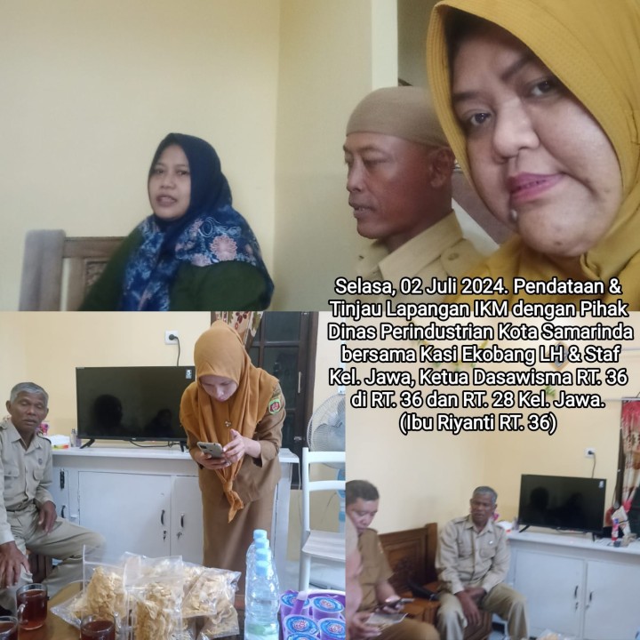 Selasa, 02 Juli 2024. Pendataan & Tinjau Lapangan IKM sebanyak 11 Pelaku Usaha dengan Pihak Dinas Perindustrian Kota Samarinda bersama Kasi Ekobang LH & Staf Kel. Jawa, Ketua Dasawisma RT. 36 di Jl. KS. Tubun Gg. 9 - Gg. 8d RT. 36 dan Jl. Bukit Barisan RT. 28 Kelurahan Jawa.