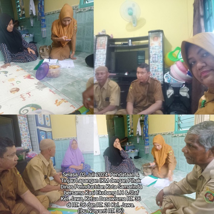 Selasa, 02 Juli 2024. Pendataan & Tinjau Lapangan IKM sebanyak 11 Pelaku Usaha dengan Pihak Dinas Perindustrian Kota Samarinda bersama Kasi Ekobang LH & Staf Kel. Jawa, Ketua Dasawisma RT. 36 di Jl. KS. Tubun Gg. 9 - Gg. 8d RT. 36 dan Jl. Bukit Barisan RT. 28 Kelurahan Jawa.