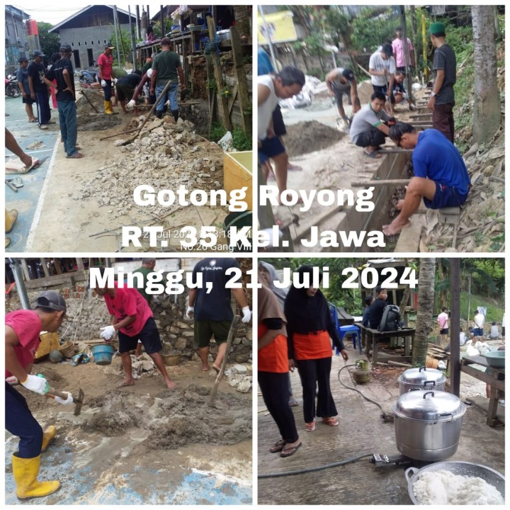 Ijin Melaporkan 21/07/2024 Kegiatan Gotong Royong RT minggu ke-3 Bulan Juli (Minggu) : RT. 02√, 08√, 15√, 17√, 19√, 20√, 22√, 23√, 24√, 25√, 26 (15/7)√ dan 26 (21/7)√, 29√, 31√, 32√, 33√, 35√, 38√, dan 40√. Bersama ; - Kelurahan Jawa Kasi Ekobang dan staf - Ketua RT masing masing dan Warganya  - di RT 33 di bantu Tim Hantu banyu pengangkatan sidemnatasi berat beserta warga RT 33