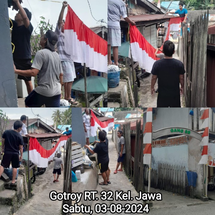 Ijin melaporkan Kelurahan Jawa  04/8/2024 (Minggu) : RT. 02√, 05√, 07√, 08 (GRM)√, 09 (GRM)√, 10 (GRM)√, 11 (GRM & Mandiri)√√, 12 (GRM)√, 13 (GRM)√, 14 (GRM)√, 15 (GRM)√, 16 (GRM)√, 17√, 20 (GRM)√, 22√, 23√, 24√, dan 25√. Hadir : - Camat Samarinda ulu dan staf seksi KLH, memantau Gotong Royong Masal di jl TPS Arjuna  - Lurah Jawa  dan pejabat struktural dan staf - LPM Seluruh Anggota - Babinsa dan Babinkambmas Kel Jawa - seluruh Ketua RT yg tersebut diatas beserta warga nya  - Dasawisma RT 15 - 1 DT DPUR Beserta Anggota  - 2 tangki  Air Bantuan PDAM Tirta Kencana untuk penyemprotan Akhir  - Gotong pengangkatan drainase , pemasangan umbul dan bendera merah putih,dan pembersihan lingkungan Lainnya