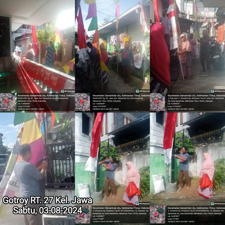 Ijin melaporkan Kelurahan Jawa  04/8/2024 (Minggu) : RT. 02√, 05√, 07√, 08 (GRM)√, 09 (GRM)√, 10 (GRM)√, 11 (GRM & Mandiri)√√, 12 (GRM)√, 13 (GRM)√, 14 (GRM)√, 15 (GRM)√, 16 (GRM)√, 17√, 20 (GRM)√, 22√, 23√, 24√, dan 25√. Hadir : - Camat Samarinda ulu dan staf seksi KLH, memantau Gotong Royong Masal di jl TPS Arjuna  - Lurah Jawa  dan pejabat struktural dan staf - LPM Seluruh Anggota - Babinsa dan Babinkambmas Kel Jawa - seluruh Ketua RT yg tersebut diatas beserta warga nya  - Dasawisma RT 15 - 1 DT DPUR Beserta Anggota  - 2 tangki  Air Bantuan PDAM Tirta Kencana untuk penyemprotan Akhir  - Gotong pengangkatan drainase , pemasangan umbul dan bendera merah putih,dan pembersihan lingkungan Lainnya