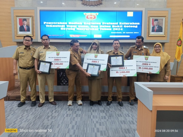 Ijin melaporkan 20/08/2024 Lurah Kelurahan Jawa menghadiri Penyerahan Hadiah Kegiatan Evaluasi Kelurahan Teknologi Tepat Guna dan Bulan Bhakti Gotong Royong Masyarskst Tahun 2024