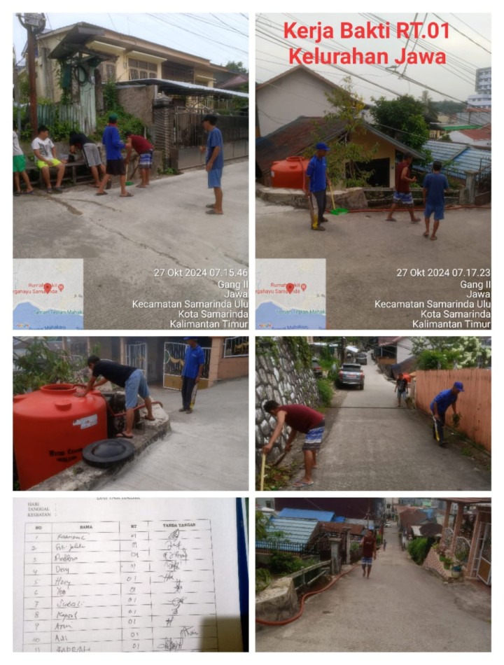 Jadwal Kegiatan Gotong Royong RT minggu ke-4 Oktober 2024 Kelurahan Jawa :  Tanggal 25/10/2024 (Jumat) : RT. 10 √. Tanggal 27/10/2024 (Minggu) : RT. 01√, 09√, 11√, 12√, 13√, 14√, 15√, 16√, 17√, 20√, 21√, 29√, 32√, 33√, 34√, dan 38√.  (N.B. Yang sudah kirim foto dokumentasi dicontreng)