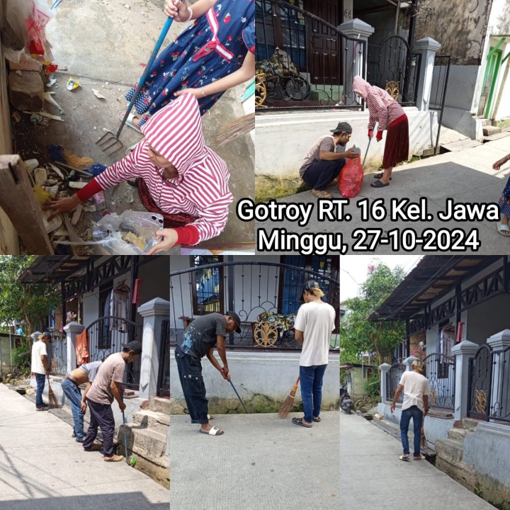 Jadwal Kegiatan Gotong Royong RT minggu ke-4 Oktober 2024 Kelurahan Jawa :  Tanggal 25/10/2024 (Jumat) : RT. 10 √. Tanggal 27/10/2024 (Minggu) : RT. 01√, 09√, 11√, 12√, 13√, 14√, 15√, 16√, 17√, 20√, 21√, 29√, 32√, 33√, 34√, dan 38√.  (N.B. Yang sudah kirim foto dokumentasi dicontreng)