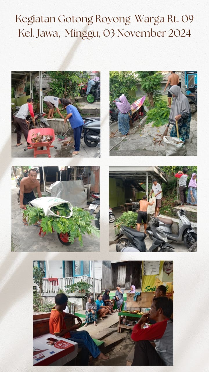 Mohon ijin menyampaikan Jadwal Kegiatan Gotong Royong RT minggu ke-1 November 2024 Kelurahan Jawa : Tanggal 02/11/2024 (Sabtu) : RT. 07√, dan 26√. Tanggal 03/11/2024 (Minggu) : RT. 04√, 06√, 08√, 09√, 10√, 16√, 22√, 29√, 30√, 31√, 34√, dan 36√.