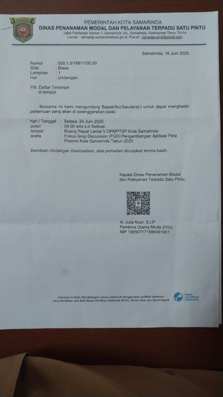 Mohon izin menyampaikan 24/6/2025 Lurah Jawa menghadiri kegiatan fokus grup discussion (FGD) Pengembangan Aplikasi Peta Potensi Kota Samarinda Tahun 2025 Ruang Rapat Lantai V DPMPTSP Kota Samarinda