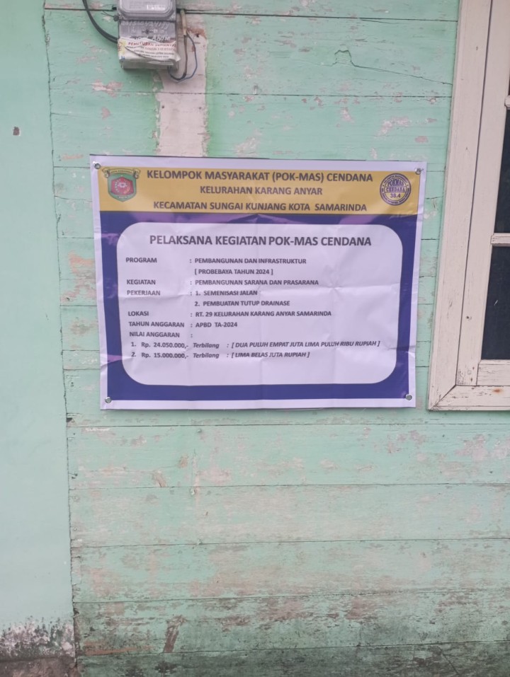 Minggu, 08 September 2024 Pokmas Cendana kegiatan infrastrukur pengecoran jalan di RT.029 Jalan Ulin berupa pembuatan tutup Drainase dan Semenisasi Jalan dengan total dana probebaya sebesar Rp39.050.000.