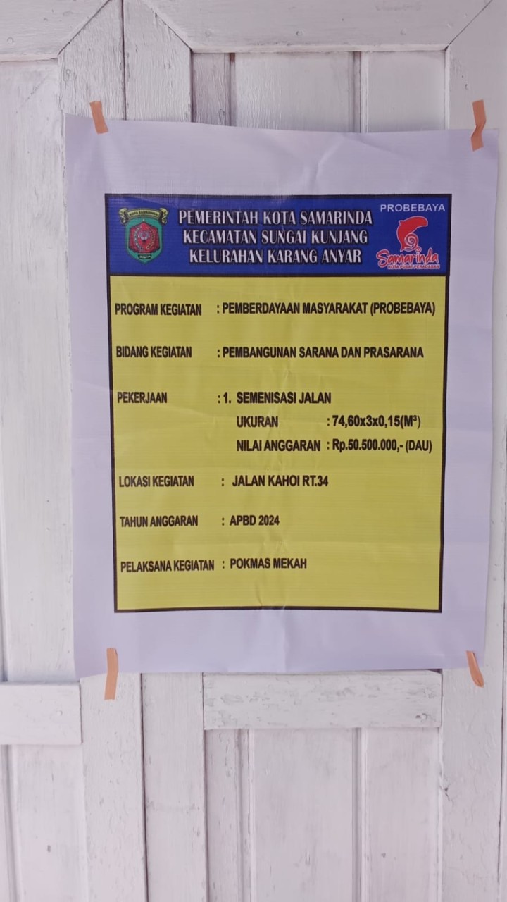 Selasa, 10 September 2024 Kasie Ekobang dan Pengawas Kegiatan Probebaya Karang Anyar melakukan monitoring kegiatan Probebaya bidang Infrastruktur terkait semenisasi dan perbaikan jalan di RT.028, 032, 034 Karang Anyar
