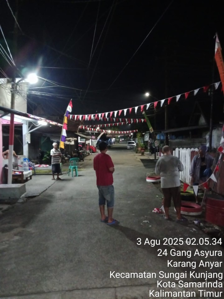 Sabtu, 02 Agustus 2025, RT.017 Kel.Karang Anyar Jalan Meranti Gang 1 telah melaksanakan kegiatan pemasangan bendera dalam rangka persiapan HUT RI ke 80 tahun 2025