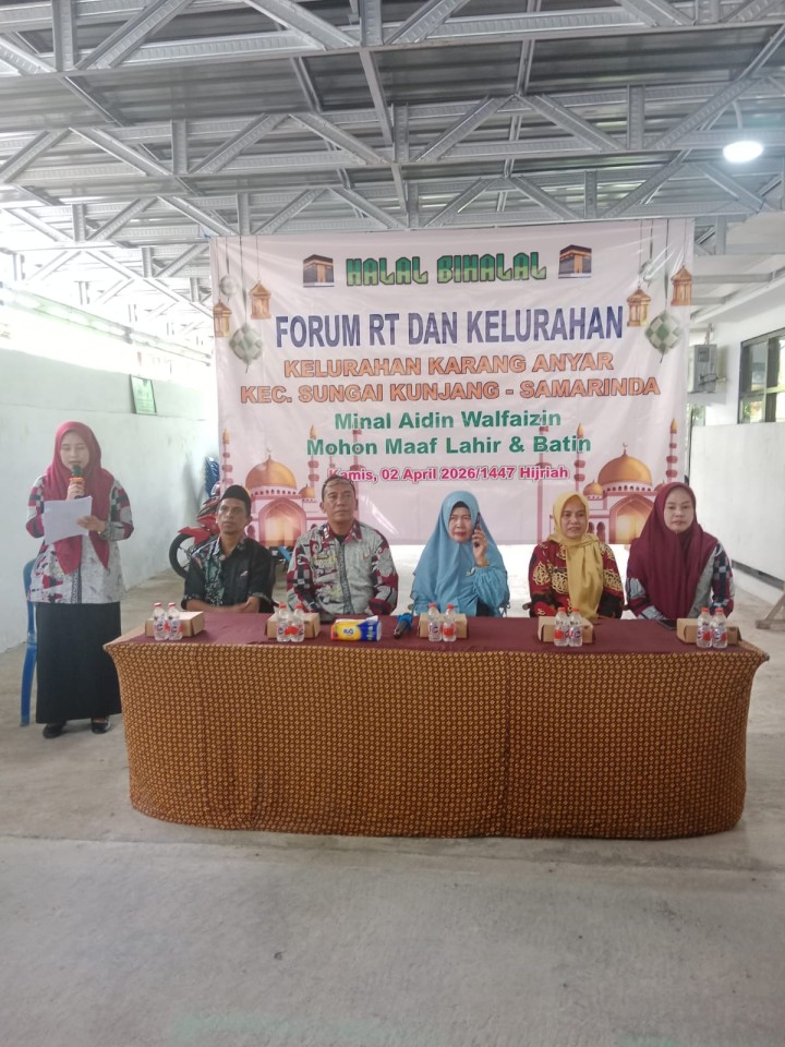 Kamis, 02 April 2026, Halal Bihalal Kelurahan Karang Anyar bersama Forum RT se Karang Anyar dan Camat Sungai Kunjang serta unsur-unsur Kelurahan sekaligus perpisahan purna tugas HAMDAH sebagai staf Kelurahan Karang Anyar.