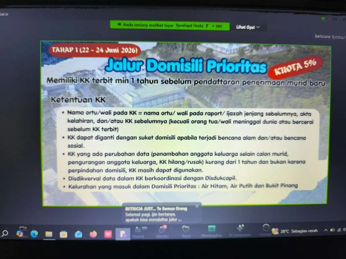 Jumat, 05 Juni 2026, Kelurahan Karang Anyar mengikuti kegiatan zoom meeting Sosialisasi SPBM Tahun Ajaran 2026/2027 SMA Kota Samarinda tahun 2026