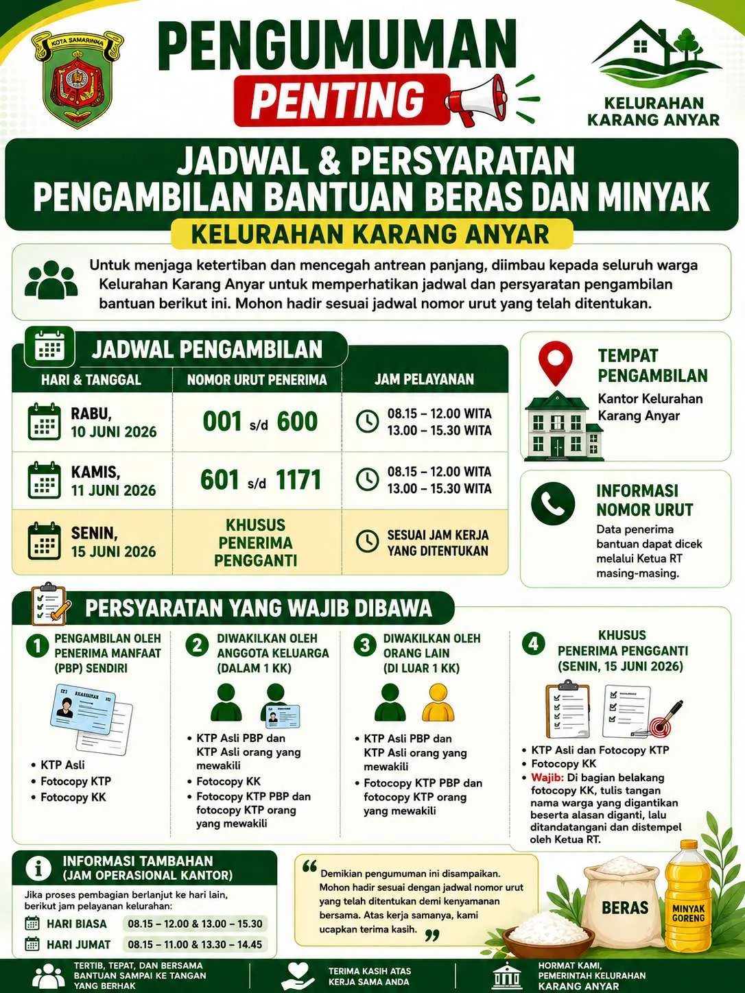 Rabu, 10 Juni 2026, Kelurahan Karang Anyar melaksanakan pembagian bantuan pangan bulan Februari-Maret 2026 kepada warga kurang mampu 