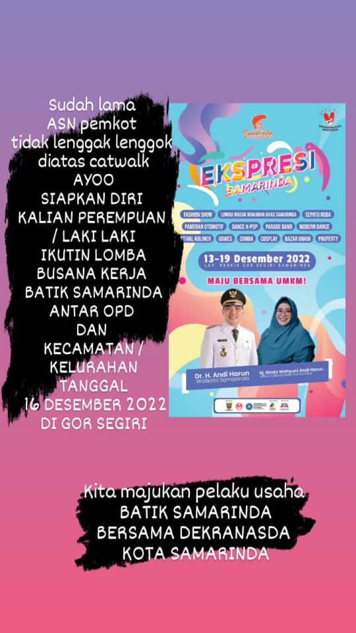 Peringatan Hari Ibu yang akan di laksanakan pada tanggal 13 sampai dengan tanggal 19 Desber 2022...Ayo kita meriahkan bersama sama yg pelaksanaanya akan di adakan di GOR Segiri Samarinda....