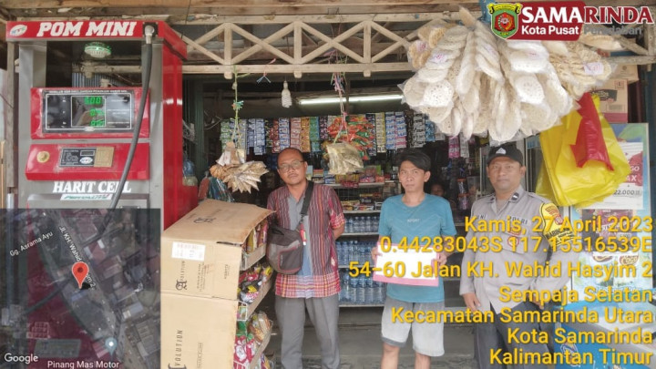 Giat, Kamis 27 April 2023 Melakukan Monitoring dan pendataan keberadaan POM MINI di jl. Aw. Syahranie, Jl. Wahid Hasyim dan Jl. HM. Ardans 2 di hadiri Kasi Tapem beserta staf dan Bhabinkamtibmas Kelurahan Sempaja Barat.