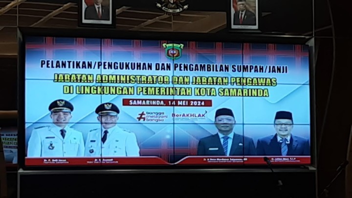 Giat, Selasa 14 Mei 2024, Menghadiri pelantikan/pengukuhan dan pengambilan sumpah/janji jabatan administrator dan jabatan pengawas di lingkungan pemerintah Kota Samarinda di ikuti oleh Kasi Kesra dan Kasi Ekbang.