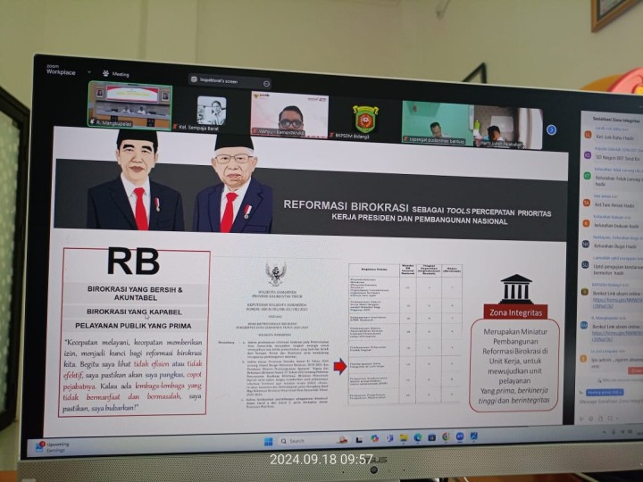 Giat,  Rabu 18 September 2024 Mengikuti Zoom Meeting Sosialiasi Zona Integritas Wilayah Bebas Korupsi/Wilayah birokrasi bersih dan Melayani (WBK/WBBM) di ikuti Seklur.