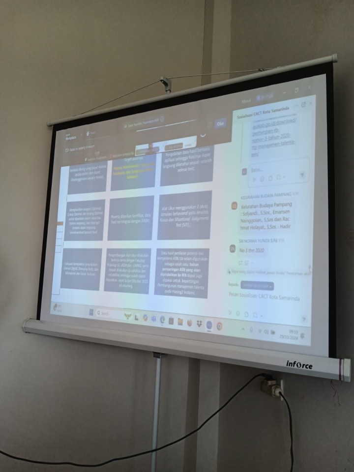 Giat, Selesa 29 Oktober 2024 Mengikuti Zoom Meeting Room Sosialisasi Pelaksanaan CACT-BKN  bagi ASN di lingkungan Pemerintah Kota Samarinda pada Level Jabatan Pengawasan, Kepala Sekolah, Fungsional dan Pelaksanaan di Aula kantor kelurahan sempaja barat di ikuti staf PNS kelurahan sempaja barat, Monitoring dan evaluasi kinerja pada kegiatan Sapras Probebaya Tahun 2024 dihadiri Lurah, Kasi Ekbang beserta staf & Mengikuti Zoom Meeting Rapat Koordinasi Kegiatan Perekaman E-KTP di ikuti Kasi Tapem.