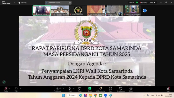 Giat malam, Rabu 26 Maret 2025 Mengikuti Zoom Meeting Rapat Paripurna DPRD Kota Samarinda masa persidangan 1 Tahun 2025 dengan Agenda: penyampaian LKPJ Wali Kota Samarinda Tahun anggaran 2024 kepada DPRD Kota Samarinda ikuti Kasi Tapem.