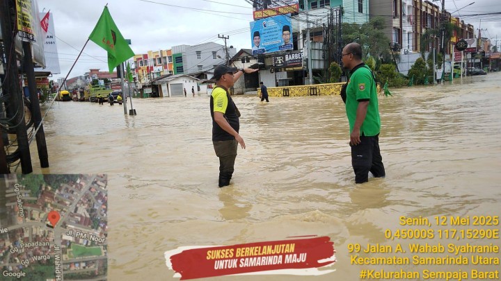 Giat, Senin 12 Mei 2025 Peninjauan lokasi banjir pada area di jalan AW. Syahrani RT 01 sampai jl ring road RT 12 di dampingi Lurah dan Kasi Tapem beserta staf.