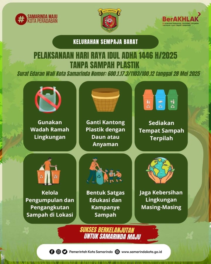 Berdasarkan Surat Edaran Wali Kota Samarinda Nomor: 600.1.17.3/1103/100.12 tertanggal 28 Mei 2025, masyarakat Kota Samarinda dianjurkan untuk melaksanakan Hari Raya Idul Adha 1446 H / 2025 M secara ramah lingkungan dengan mengganti kantong plastik menjadi wadah yang ramah lingkungan seperti daun pisang/jati, anyaman bambu, atau dengan wadah sendiri yang dapat dipakai ulang. Mari kurangi penggunaan kantong plastik sekali pakai dan gunakan wadah ramah lingkungan untuk pembagian daging kurban untuk mewujudkan Samarinda dengan lingkungan hijau, asri, dan sehat.