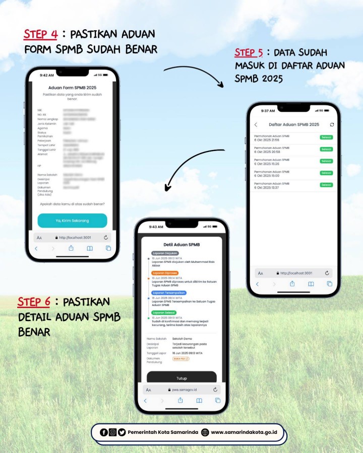 Warga Samarinda, Sampaikan Aspirasimu! Kini masyarakat bisa menyampaikan pengaduan masyarakat terkait SPMB (Sistem Penerimaan Murid Baru) secara resmi dan mudah Saluran pengaduan resmi 📌Dinas Pendidikan 📌Inspektorat Samarinda 📌Aplikasi melalui Samagov.id. Yuk, cegah gratifikasi. Berani jujur itu hebat! Lihat, lawan, dan laporkan! 💪