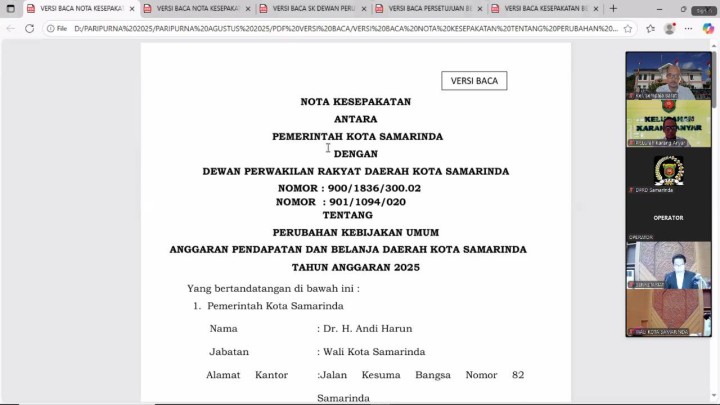 Giat siang, Rabu 27 Agustus 2025 Mengikuti Zoom Meeting Rapat Paripurna DPRD Kota Samarinda Masa Persidangan II Tahun 2025 dengan Agenda: Penandatanganan nota kesepakatan antara Wali Kota dengan DPRD Kota Samarinda atas Perubahan KUA dan Perubahan PPAS Tahun anggaran 2025 & Persetujuan bersama antara Wali Kota dengan DPRD Kota Samarinda terhadap Penarikan Raperda di dalam dan diluar Propemperda serta Kesepakatan bersama Raperda di Luar Propemperda Kota Samarinda Tahun 2025 diikuti oleh Kasi Tapem.