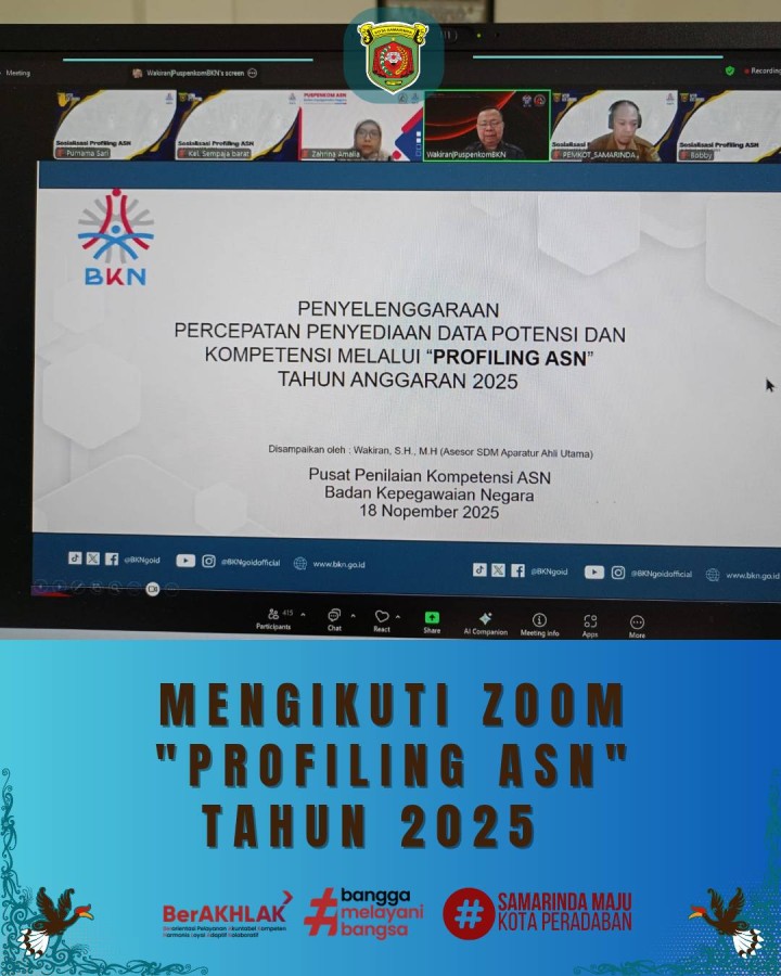 Giat, Selasa 18 November 2025 ‎ ‎1. Menghadiri Rapat Koordinasi Akselerasi Pelaksanaan Kegiatan Probebaya Tahun 2025 Kota Samarinda di Ruang Rapat Arutalla Gedung B Bapperida dihadiri oleh Kasi Ekbang dan Kasi Kesra. ‎2. Menghadiri Rapat Bimtek Pelatihan Pengisian Aplikasi Jaga Desa di Ruang Lamin Lt 2, Kantor Kejaksaaan Negeri Samarinda dihadiri Staf. ‎3. Mengikuti Zoom Meeting dengan Tema Penyelenggaraan Percepatan Penyediaan Data Potensi dan Kompetensi melalui "Profiling ASN" Tahun Anggaran 2025 diikuti oleh Lurah, Sekretaris, Seluruh Kasi.