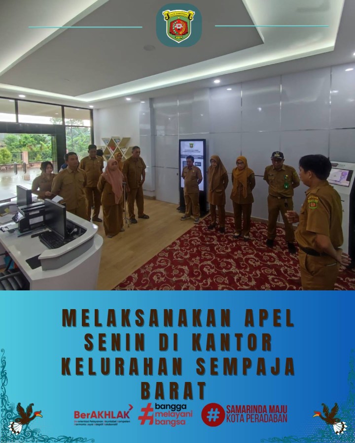 Giat, Senin 24 November 2025 ‎ ‎1. Melaksanakan apel Senin pagi di kelurahan sempaja barat dipimpin oleh Seklur. ‎2. Menghadiri Rapat Evaluasi Kelurahan Digital di Ruang Rapat Lt 5 Gedung MPP Kota Samarinda dihadiri Sekretaris dan Staf. ‎3. Peninjauan Lokasi Drainase di Gg. Walet 2 Taman Makam Abadi dan Poros Jalan AW. Syahranie oleh Tim PUPR, Kasi Ekobang Kasi Pemerintahan, Staf Kelurahan, Ketua RT. 02 Kelurahan Sempaja Barat. ‎4. Menghadiri Rapat Koordinasi dengan Camat Samarinda Utara di Ruang Camat dihadiri oleh Lurah. ‎