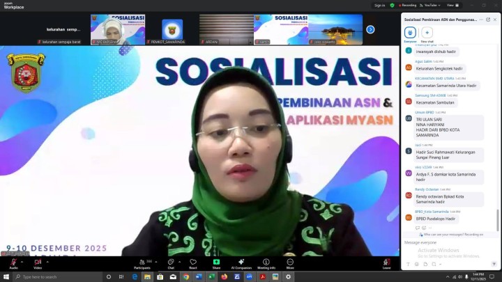Giat, Kamis 11 Desember 2025 Mengikuti Zoom Meeting Sosialisasi Pembinaan ASN dan Penggunaan Aplikasi MyASN bagi PPPK Paruk Waktu di ikuti Sekretaris dan Staf.