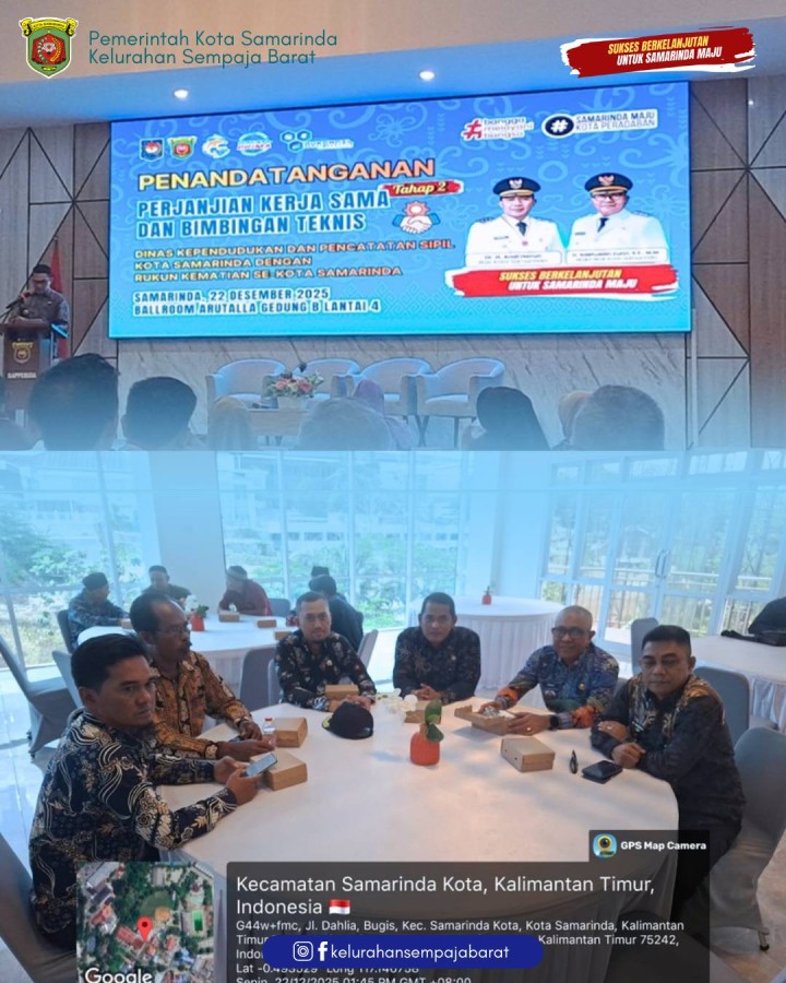 Giat, Senin 22 Desember 2025 ‎ ‎1. Menghadiri Apresiasi Pilar Sosial Kota Samarinda Tahun 2025 dalam Rangka Hari Kesetiakawanan Sosial Nasional (HKSN) dengan Tema "Solidaritas Tanpa Batas Menuju Indonesia Emas" oleh Bapak Wakil Walikota Samarinda di Gedung GOR Segiri Samarinda dihadiri Lurah. ‎2. Melaksanakan Rapat Koordinasi dengan Sekretaris dan seluruh Kasi Kelurahan Sempaja Barat dipimpin oleh Lurah. ‎3. Monitoring lapangan IMTN di jl AW Syahrani GG 4 RT 01 dihadiri Kasi Tapem beserta staf dan Perwakilan kecamatan Samarinda Utara  ‎4. Menerima Kunjungan Pengurus Anak Cabang LDII Kecamatan Samarinda Utara dihadiri oleh Lurah. ‎5. Menghadiri Rapat Penandatanganan Kerjasama Disdukcapil Samarinda dengan Rukun Kematian di Ballroom Arutalla Gedung B Lt 4 Bapperida Kota Samarinda dihadiri Lurah.