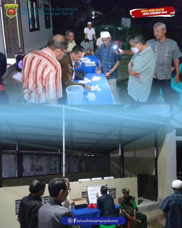 Giat malam, Senin 22 Desember 2025 ‎ ‎Pemilihan ketua RT 08 periode tahun 2025-2030 (Lima Tahun) berdasarkan Peraturan Walikota Samarinda Nomor 1 Tahun 2024 tentang Rukun Tetangga Kelurahan Sempaja Barat, Kecamatan Samarinda Utara dengan berakhirnya masa bakti ketua RT tahun 2023-2026. Selamat kepada Bapak Marwanto atas terpilihnya sebagai Ketua RT 08 semoga menjalankan tugas sesuai dengan tujuan yang dicapai, selalu menjaga amanah dan selamat bertugas.