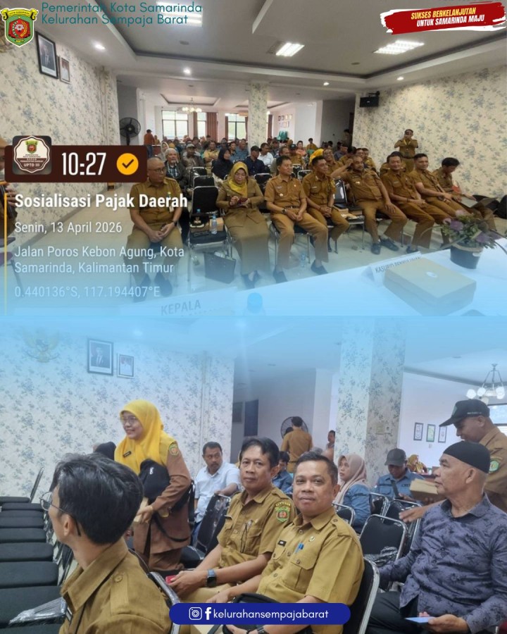 Giat, Senin 13 April 2026 Menghadiri Rapat Sosialisasi Pajak Daerah serta Keterkaitan Data Pertanahan di Ruang Pertemuan Kantor Kecamatan Samarinda Utara dihadiri Lurah, Sekretaris Lurah dan Kasi Tapem.