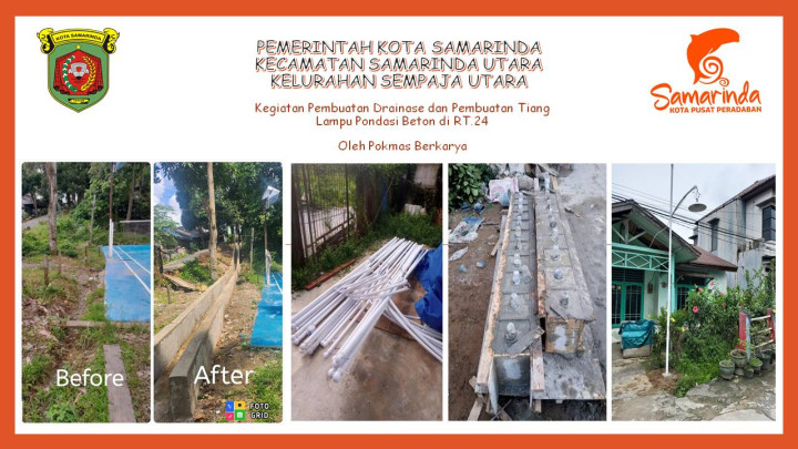 Kegiatan lanjutan pembuatan drainase dan pembuatan tiang lampu pondasi beton di RT.24 Kel. Sempaja Utara