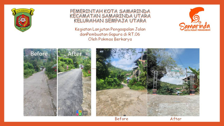 Kegiatan  lanjutan pengaspalan jalan dan pembuatan gapura di RT.06