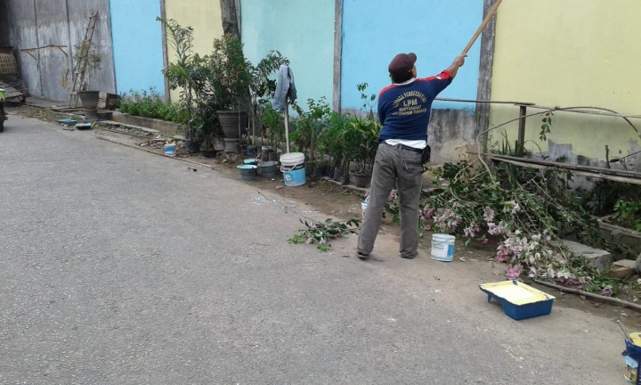 Menata kampung untuk mengikuti lomba HBS di jlan Trisari beserta masyarakat dan ketua RT Setempat pada hari Sabtu, 27 Oktober 2018.