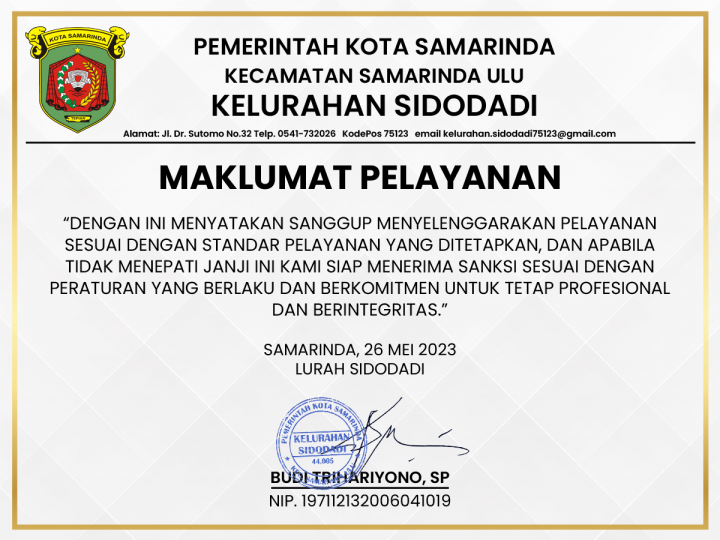 Maklumat Pelayanan Kelurahan Sidodadi
