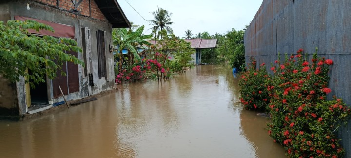Monitoring lokasi rumah warga yang terdampak banjir,ketinggian air yakni di atas mata kaki orang dewasa