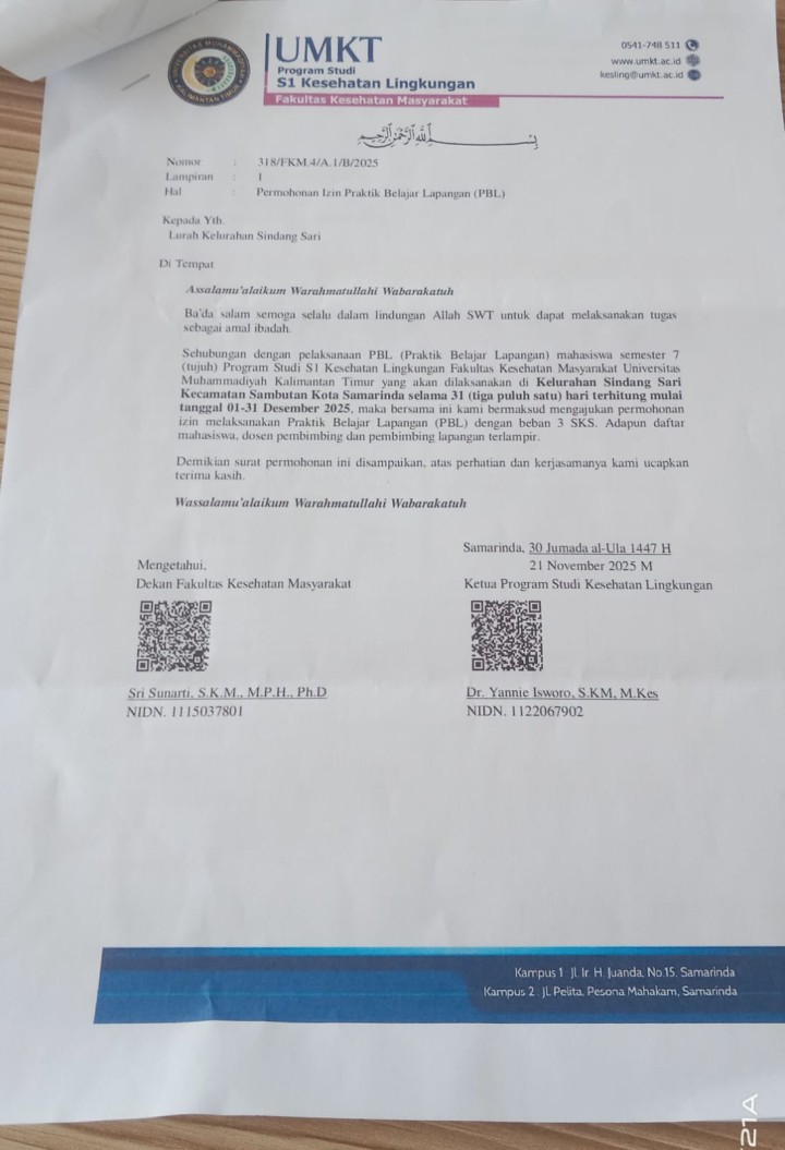 Menerima Mahasiswa PBL UMKT Fakultas Kesehatan Masyarakat dan Lingkungan Kelurahan Sindang Sari.
