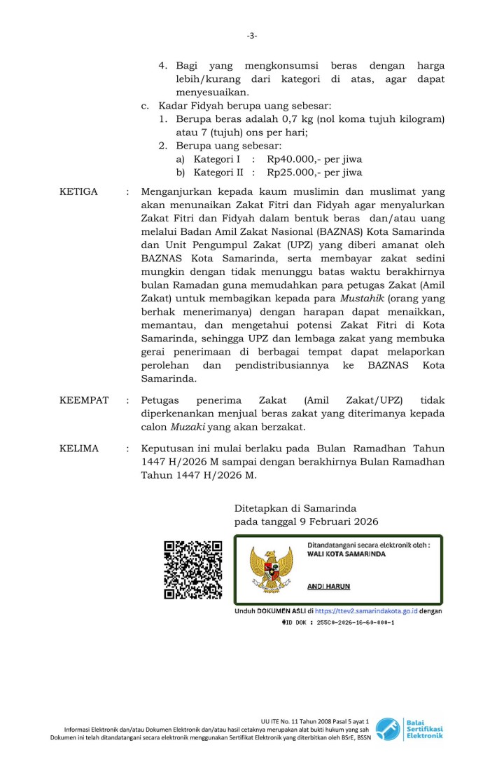 Surat Edaran Penetapan Zakat fitrah dan fidyah dalam wilayah Kota Samarinda Tahun 1447H/ 2026.