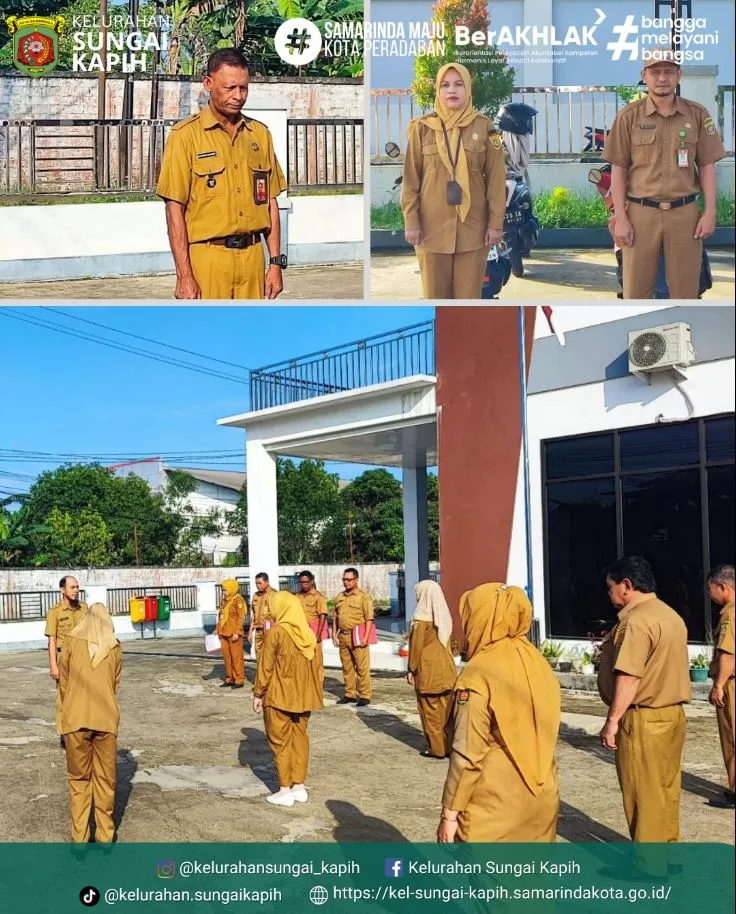Apel Senin Pagi: Pelaksanaan apel senin pagi di halaman Kantor Kelurahan Sungai Kapih, Jl. H.M. Saleh Arsyad, yang dihadiri oleh seluruh pejabat struktural dan staf.