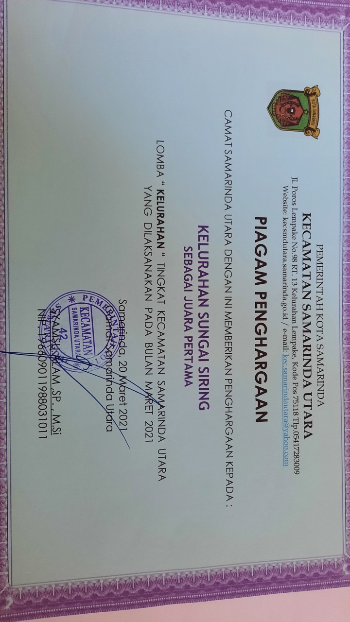 Piagam Penghargaan Juara I Lomba Kelurahan Tingkat Kecamatan Samarinda Utara.