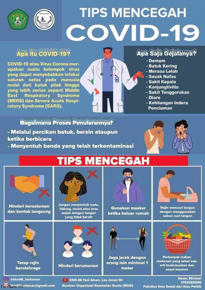 Poster Hasil Karya Kelompok KKN 2020 Universitas Mulawarman Kelurahan Tani Aman yang Berjudul "Tips Mencegah COVID-19"