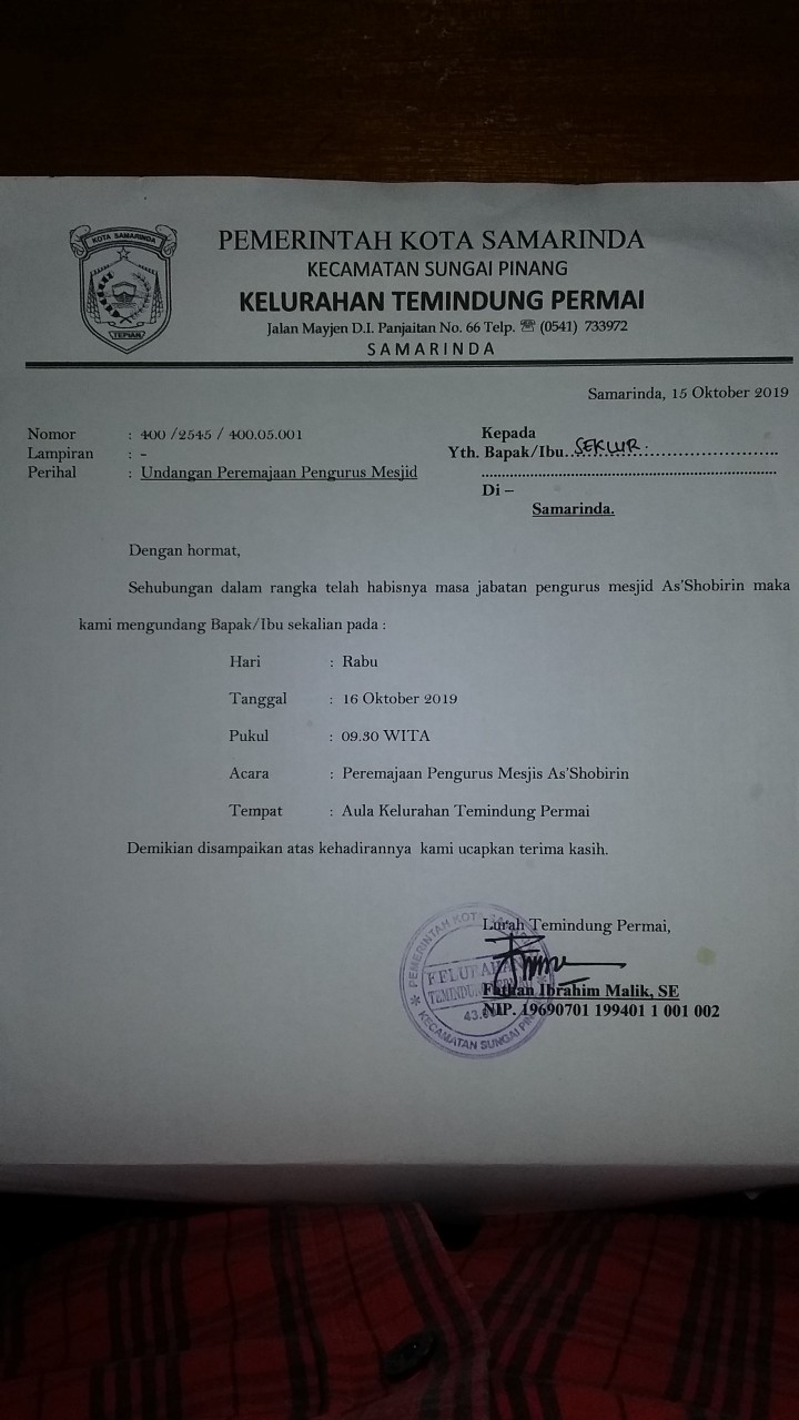 Rapat Mediasi Tahap I Peremajaan Pengurus Masjid Ash-Shobirin tanggal 16 Oktober 2019 diaula kelurahan temindung permai